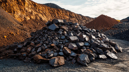 Manganese ore extracted and piled with room on the side for a messageの素材