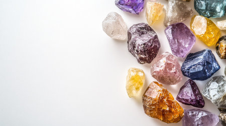 Rough unpolished gemstones placed on a white surface leaving room for text on the sideの素材