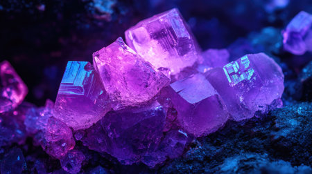 Fluorite minerals glowing under UV light with room on the left for a messageの素材
