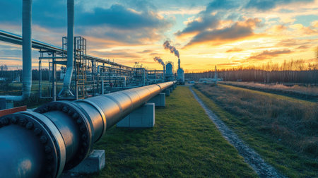 Natural gas extraction plant with pipelines leaving space on the side for copyの素材