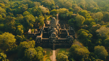 Aerial view of ancient temples amidst lush green forests in Cambodia showcasing the grandeur of Southeast Asian civilization Copy space availableの素材