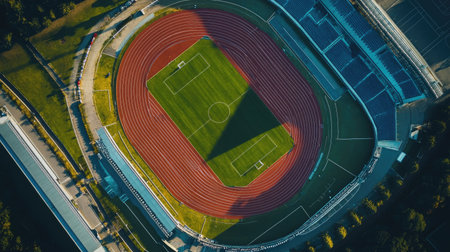 Aerial top view of a stadium with no people focusing on the field track and surrounding stands Copy space availableの素材