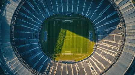 Aerial shot of an empty stadium showcasing the intricate design of the seating and the open field Copy space availableの素材
