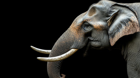 Side profile of an Indian elephants wrinkled skin and tusk emphasizing its grandeur. Copy space availableの素材