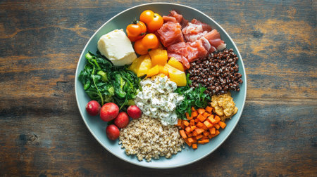 Top view of a balanced plate with a mix of grains, vegetables protein and dairy with plenty of color. Copy space availableの素材