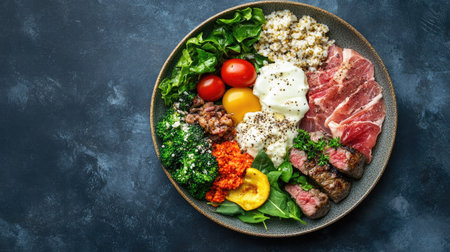 Top view of a plate with a variety of foods including leafy greens lean protein whole grains and dairy. Copy space availableの素材