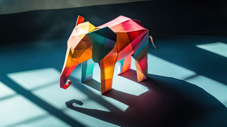 Top view of a colorful paper elephant, showcasing detailed folds and shadow play on a blank surface. Copy space available5の素材