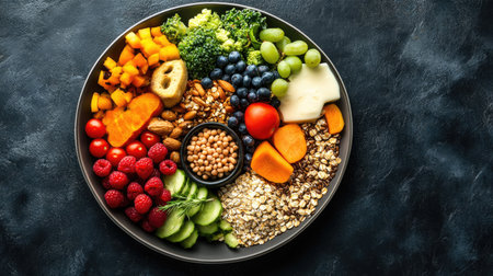 Top view of a balanced plate with fruits vegetables grains protein and dairy showcasing vibrant colors. Copy space availableの素材