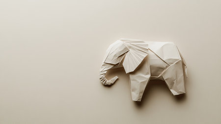 Top view of a delicately folded paper elephant on a plain background highlighting intricate details. Copy space availableの素材