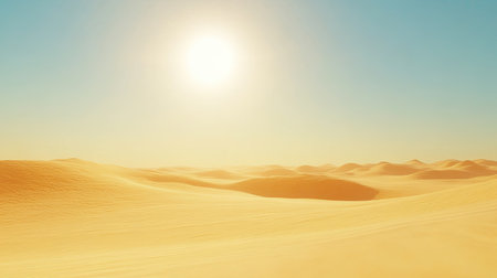 Golden desert dunes stretching endlessly into the horizon under a bright sun, ideal for copy space. No peopleの素材