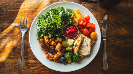 Top view of a healthy dinner plate featuring portions from all five food groups emphasizing balance. Copy space availableの素材