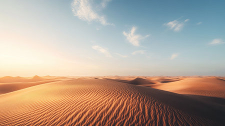 Rolling desert dunes lit by a soft morning sun, endless sky above. No people, copy spaceの素材