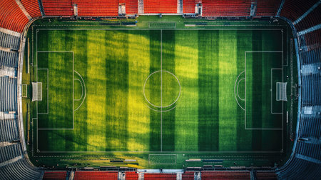 Top view of a soccer stadium with empty stands highlighting the symmetry of the field and seats. Copy space availableの素材