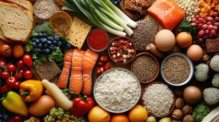 Top view of a diverse range of healthy foods from all five groups arranged in a visually appealing way. Copy space availableの素材