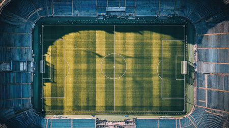 Top view of a soccer stadium with empty stands, highlighting the symmetry of the field and seats. Copy space availableの素材