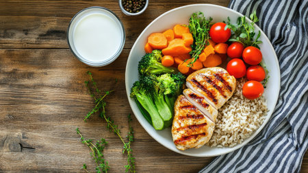 Top view of a healthy dinner featuring grilled chicken steamed vegetables brown rice and a glass of milk. Copy space availableの素材