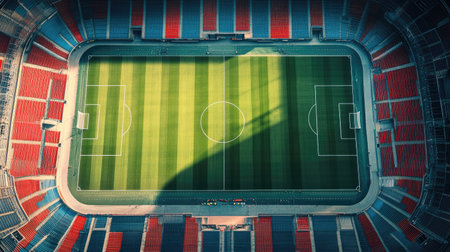 Top view of a soccer stadium with empty stands highlighting the symmetry of the field and seats. Copy space availableの素材