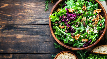 Top view of a salad bowl with leafy greens, protein nuts and a side of whole grain bread. Copy space availableの素材