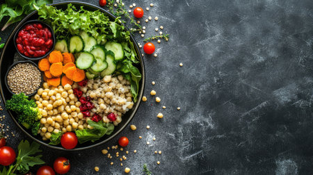 Top view of a healthy salad with grains protein and fresh vegetables representing a balanced diet. Copy space availableの素材