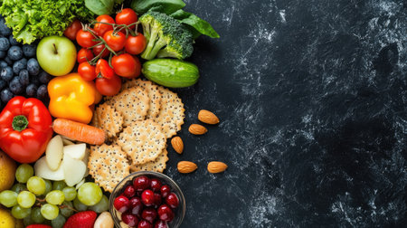 Top view of a selection of fruits vegetables and nuts with whole grain crackers on the side Copy space availableの素材