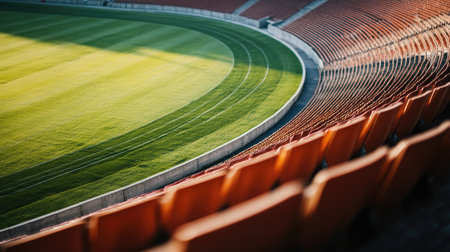 Top view of an empty sports stadium with a clear focus on the field and tiered seating. Copy space availableの素材