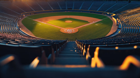 Top view of an empty sports stadium with a clear focus on the field and tiered seating. Copy space availableの素材