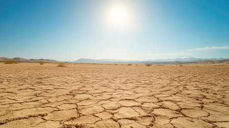 Dry and parched desert ground with subtle wind-blown patterns, open for text. No people, copy spaceの素材