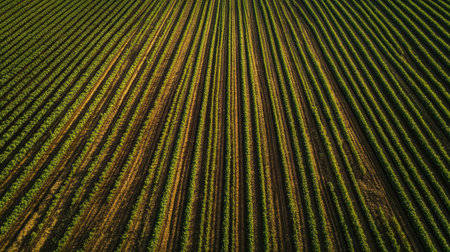 A rural, cultivated field with crops growing in rows, leaving space for branding or textの素材