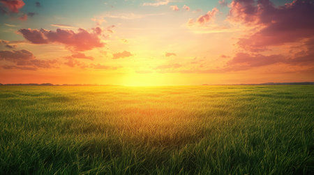 A wide-open grassy field under a colorful sunset, offering space for text or brandingの素材