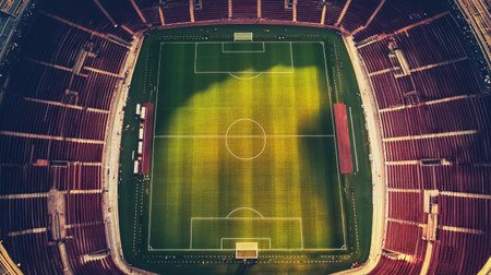 Aerial top view of a stadium with no people focusing on the field track and surrounding stands. Copy space availableの素材