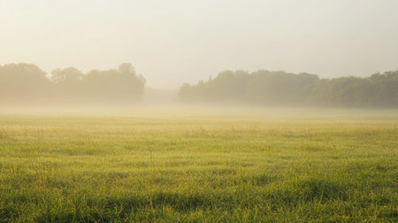 A foggy field in the early morning, with mist rising from the grass, leaving space for copyの素材