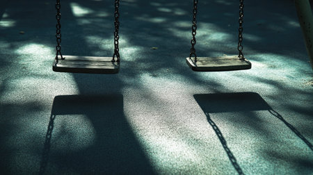 Empty swing set casting shadows on a soft rubber surface, with space for copy or design elementsの素材