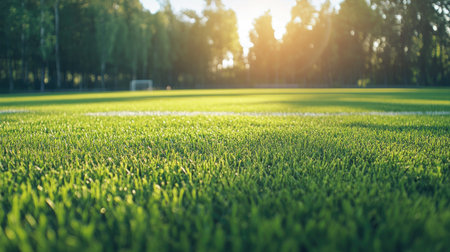 Empty soccer field with freshly cut grass, offering space for copy or textの素材