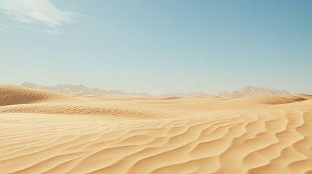 A wide view of a vast sandy desert with rippled dunes under a clear sky, perfect for text overlay. No people, copy spaceの素材
