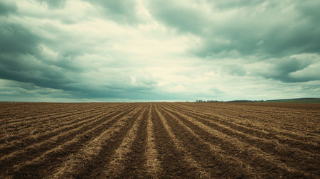 A brown, freshly plowed field under a cloudy sky, with ample space for text or brandingの素材