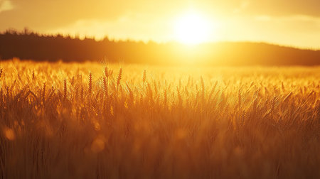 Golden wheat field at sunset, with the sun casting a warm glow, leaving space for copy or textの素材