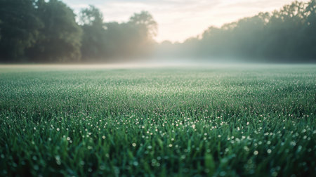 Morning dew on a vast grassy field with mist rising in the background, providing room for textの素材
