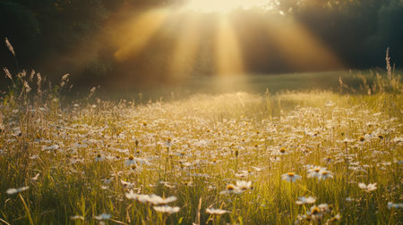 Sunlit meadow with long grass and wildflowers, offering space for copy or brandingの素材