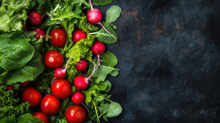 A top view of leafy greens, cherry tomatoes, and radishes arranged neatly with copy spaceの素材