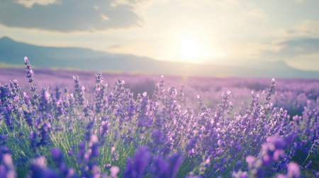 Sun-kissed lavender field in bloom, offering space for copy or design elementsの素材