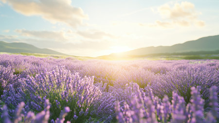Sun-kissed lavender field in bloom, offering space for copy or design elementsの素材