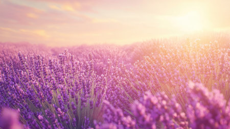Sun-kissed lavender field in bloom, offering space for copy or design elementsの素材
