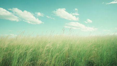 Wide open field with tall grass swaying in the wind, offering space for text or design elementsの素材