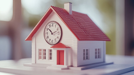 Clock hands rotating around a 3D house model, symbolizing the passage of time in mortgages. No people, room for textの素材