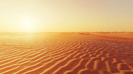 Sun-drenched desert sands with small ripples and a wide open horizon, perfect for text. No people, copy spaceの素材