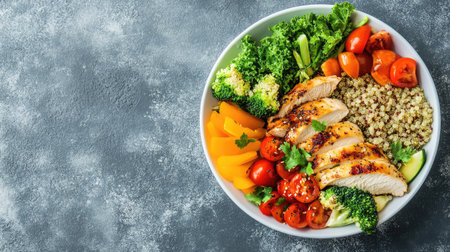 Balanced plate with chicken, quinoa, and vegetables for weight loss. No people, space for textの素材