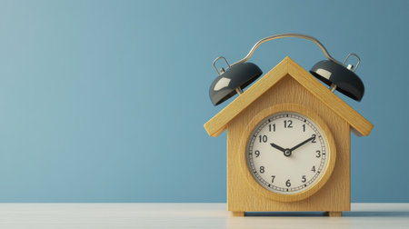 Clock and house model in a 3D rendering, showing the importance of time in mortgages. No people, copy spaceの素材
