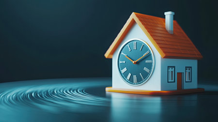 Clock hands moving around a house model, illustrating time in mortgages. 3D rendering, no people, copy spaceの素材