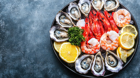 Fresh seafood platter with shrimp, oysters, and lemon slices, perfect for text overlayの素材