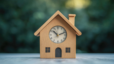 Clock hands ticking over a 3D house model, illustrating the time-sensitive nature of mortgages. No people, copy spaceの素材